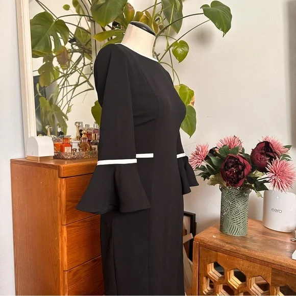 Calvin Klein Black Long-Sleeve Sheath Dress with White Trim - Picture 2 of 8